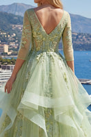 Laden Sie das Bild in den Galerie-Viewer, 3/4 Ärmel Grün Lang Korsett A Linie Blumen Ballkleid mit Rüschen