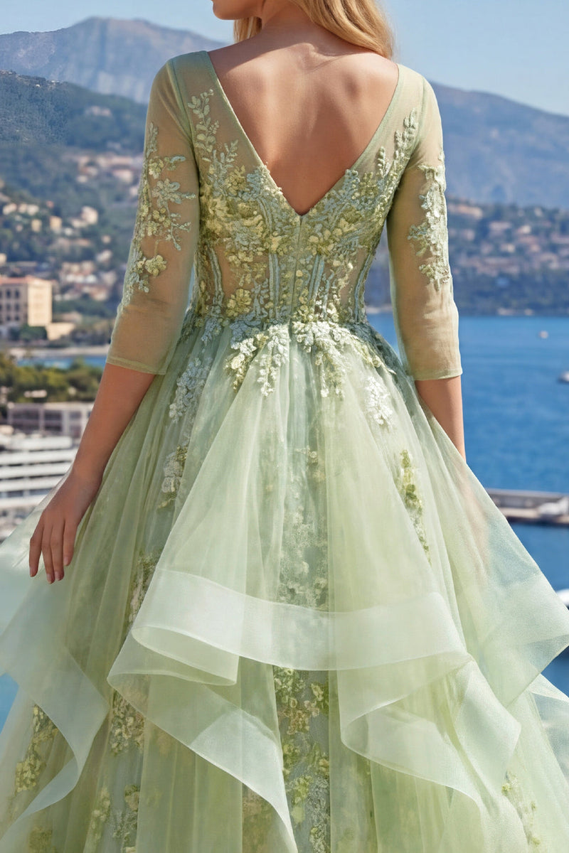 Laden Sie das Bild in den Galerie-Viewer, 3/4 Ärmel Grün Lang Korsett A Linie Blumen Ballkleid mit Rüschen