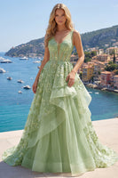 Laden Sie das Bild in den Galerie-Viewer, V-Ausschnitt Grün Lang Korsett A Linie Blumen Ballkleid mit Rüschen