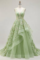 Laden Sie das Bild in den Galerie-Viewer, V-Ausschnitt Grün Lang Korsett A Linie Blumen Ballkleid mit Rüschen