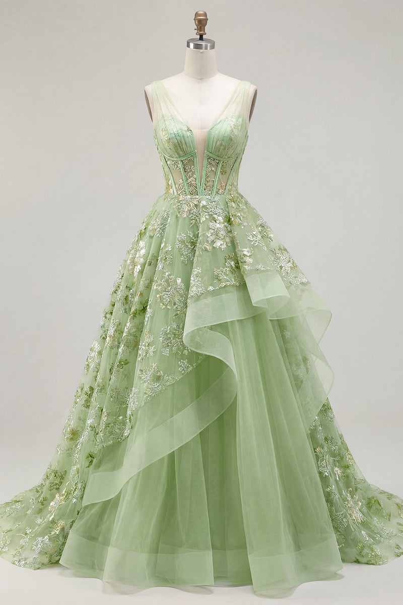 Laden Sie das Bild in den Galerie-Viewer, V-Ausschnitt Grün Lang Korsett A Linie Blumen Ballkleid mit Rüschen