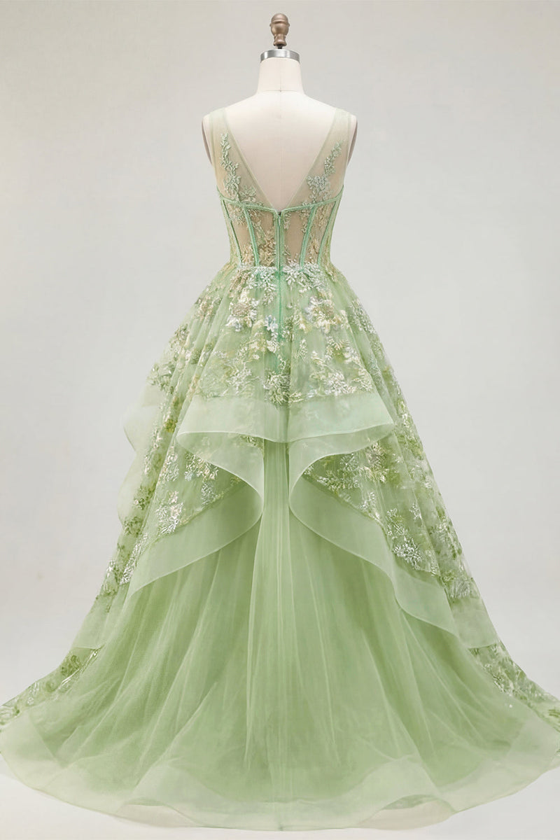 Laden Sie das Bild in den Galerie-Viewer, V-Ausschnitt Grün Lang Korsett A Linie Blumen Ballkleid mit Rüschen