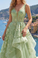 Laden Sie das Bild in den Galerie-Viewer, V-Ausschnitt Grün Lang Korsett A Linie Blumen Ballkleid mit Rüschen