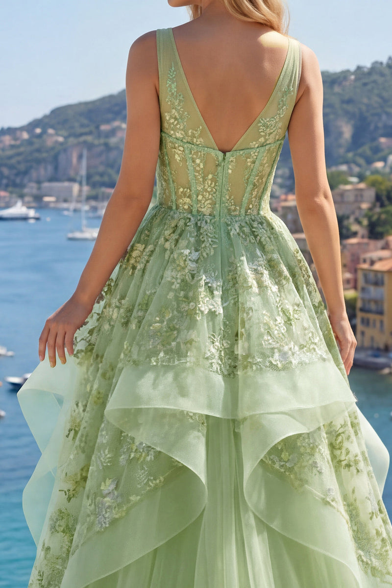 Laden Sie das Bild in den Galerie-Viewer, V-Ausschnitt Grün Lang Korsett A Linie Blumen Ballkleid mit Rüschen