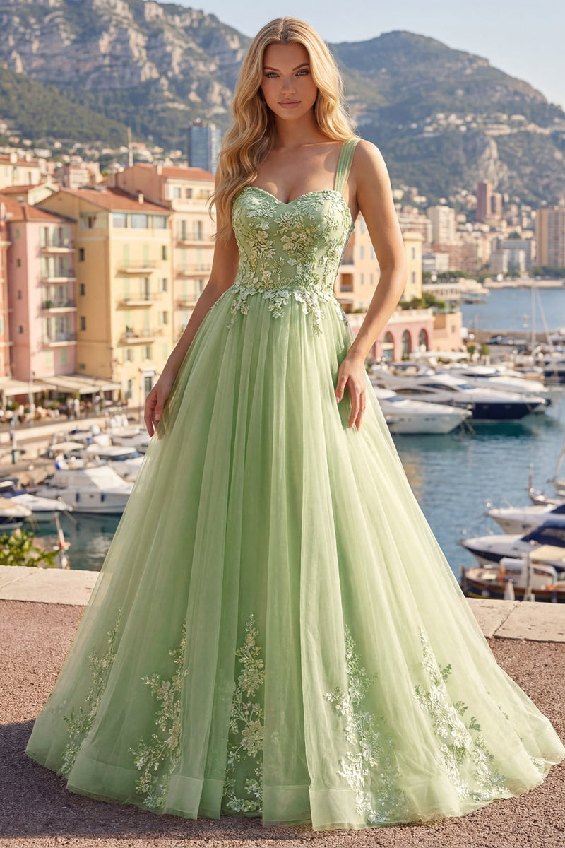 Laden Sie das Bild in den Galerie-Viewer, Breite Träger Grün Lang A Linie Blumen Ballkleid