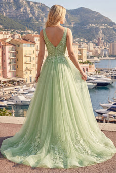 Breite Träger Grün Lang A Linie Blumen Ballkleid
