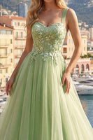 Laden Sie das Bild in den Galerie-Viewer, Breite Träger Grün Lang A Linie Blumen Ballkleid