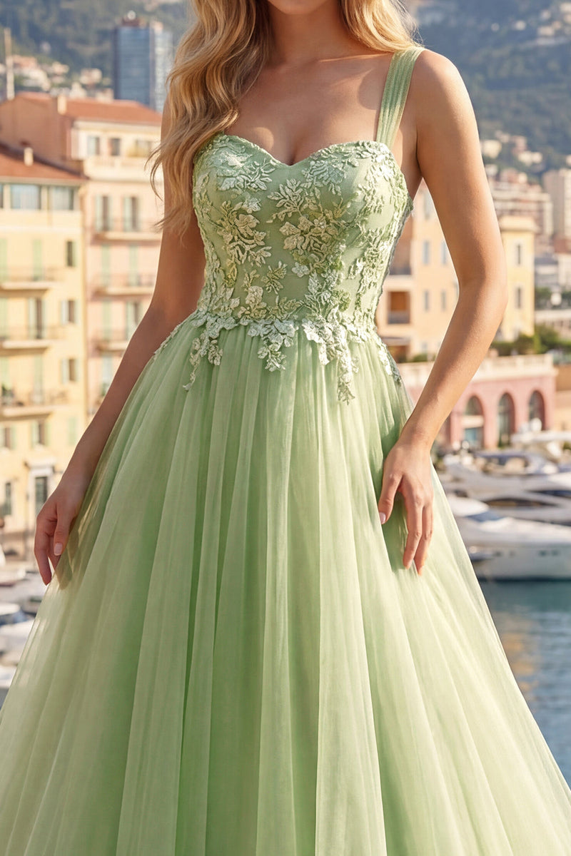 Laden Sie das Bild in den Galerie-Viewer, Breite Träger Grün Lang A Linie Blumen Ballkleid