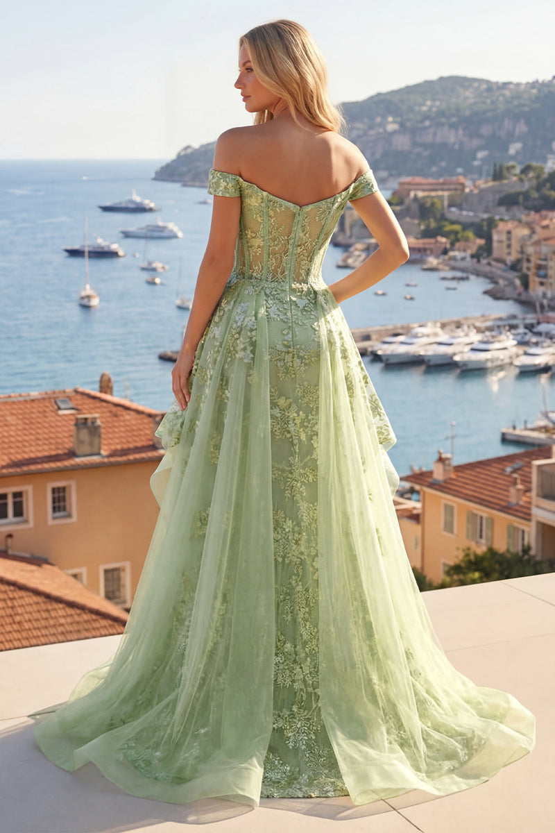 Laden Sie das Bild in den Galerie-Viewer, Rüschen Grün Lang Korsett A Linie Blumen Ballkleid mit Cape