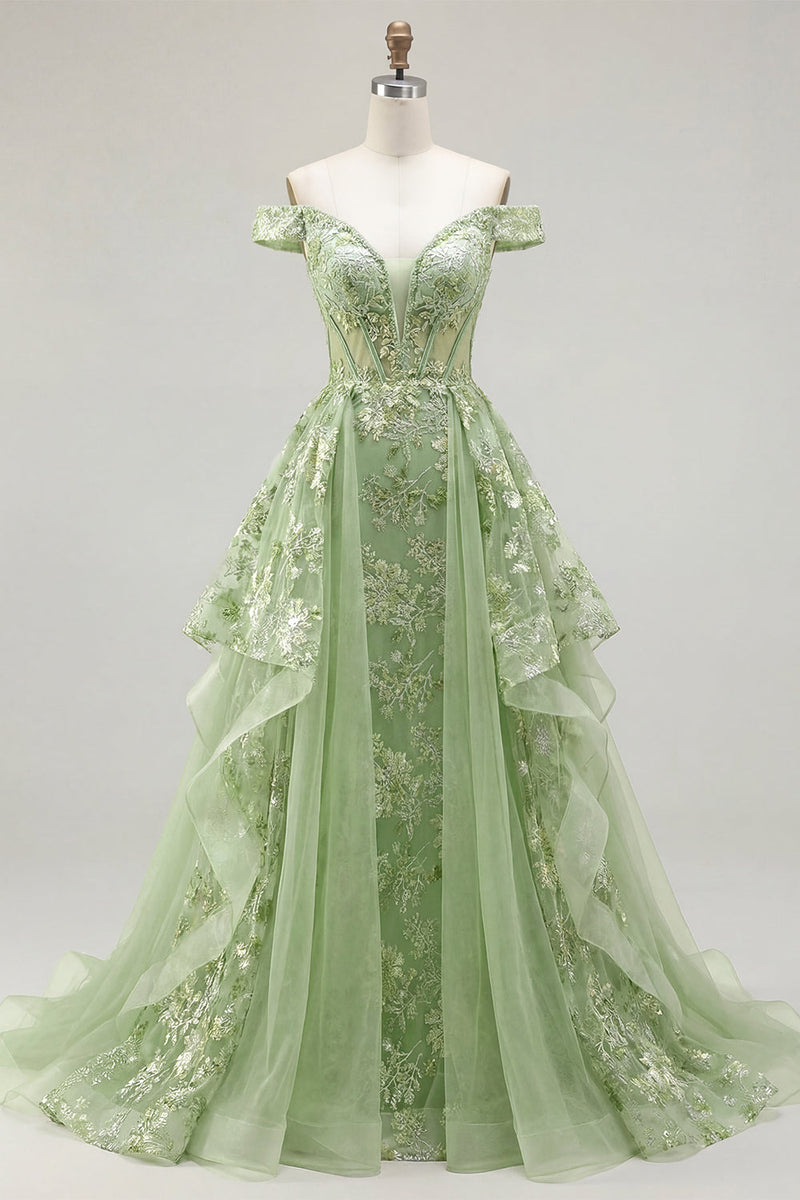 Laden Sie das Bild in den Galerie-Viewer, Rüschen Grün Lang Korsett A Linie Blumen Ballkleid mit Cape