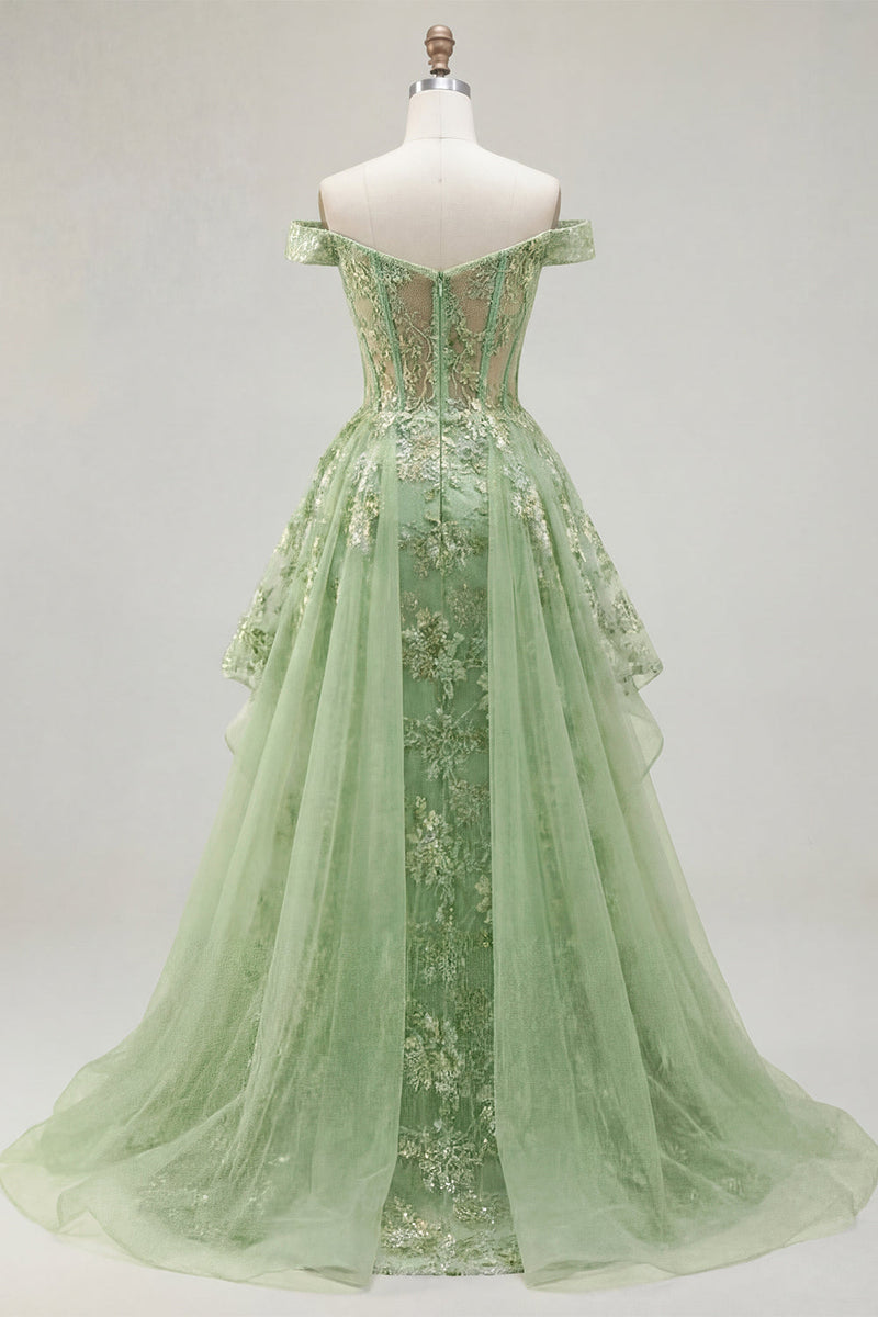 Laden Sie das Bild in den Galerie-Viewer, Rüschen Grün Lang Korsett A Linie Blumen Ballkleid mit Cape