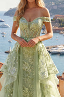Laden Sie das Bild in den Galerie-Viewer, Rüschen Grün Lang Korsett A Linie Blumen Ballkleid mit Cape