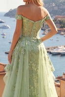 Laden Sie das Bild in den Galerie-Viewer, Rüschen Grün Lang Korsett A Linie Blumen Ballkleid mit Cape