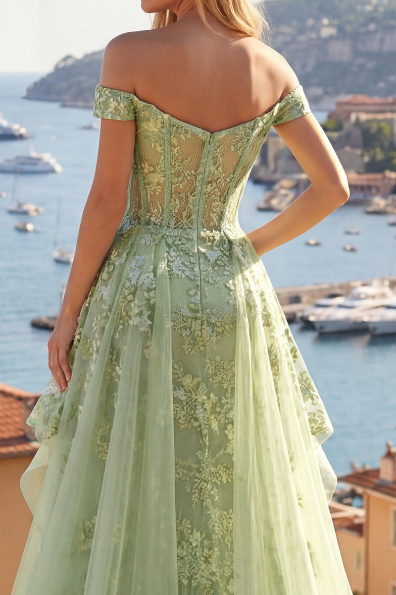 Laden Sie das Bild in den Galerie-Viewer, Rüschen Grün Lang Korsett A Linie Blumen Ballkleid mit Cape
