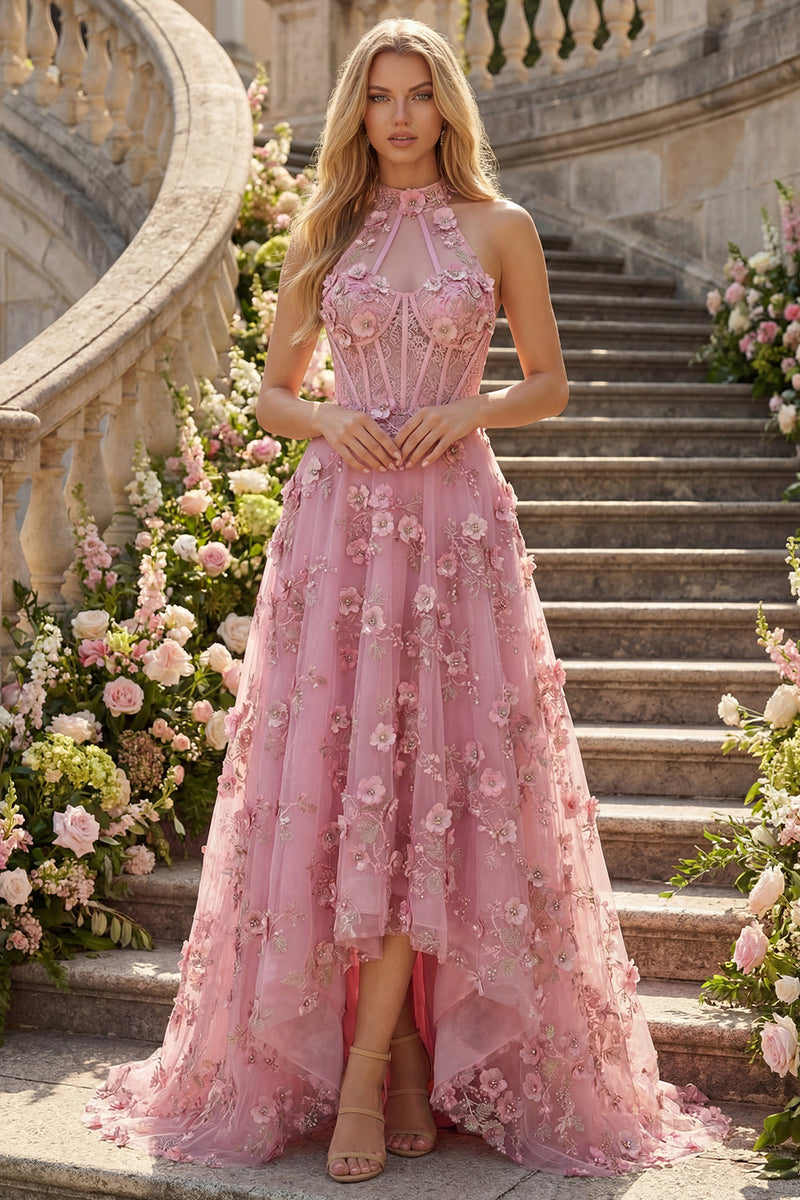 Laden Sie das Bild in den Galerie-Viewer, Glitzernder Taro Korsett Schlüsselloch A Linie Hochgeschlossen Blumen Perlenstickerei Ballkleid