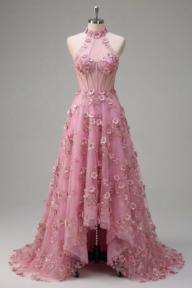 Laden Sie das Bild in den Galerie-Viewer, Glitzernder Taro Korsett Schlüsselloch A Linie Hochgeschlossen Blumen Perlenstickerei Ballkleid