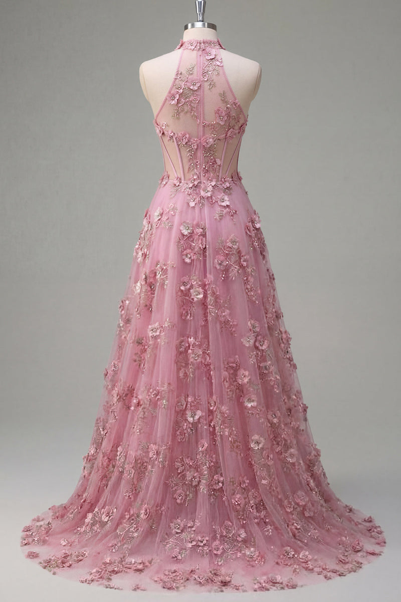 Laden Sie das Bild in den Galerie-Viewer, Glitzernder Taro Korsett Schlüsselloch A Linie Hochgeschlossen Blumen Perlenstickerei Ballkleid