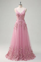 Laden Sie das Bild in den Galerie-Viewer, Spaghettiträger Glitzernder Taro A Linie Blumen Perlenstickerei Ballkleid
