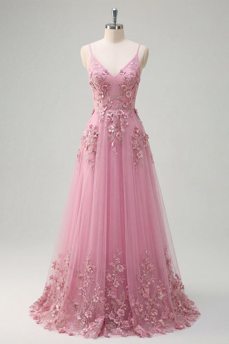 Laden Sie das Bild in den Galerie-Viewer, Spaghettiträger Glitzernder Taro A Linie Blumen Perlenstickerei Ballkleid