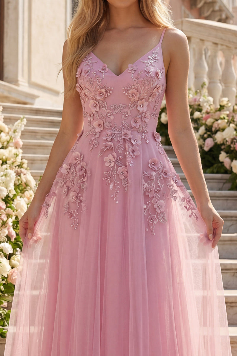 Laden Sie das Bild in den Galerie-Viewer, Spaghettiträger Glitzernder Taro A Linie Blumen Perlenstickerei Ballkleid