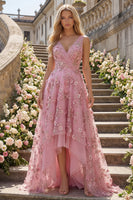 Laden Sie das Bild in den Galerie-Viewer, V-Ausschnitt Getafft Glitzernder Taro A Linie Hoch Niedrig Blumen Perlenstickerei Ballkleid