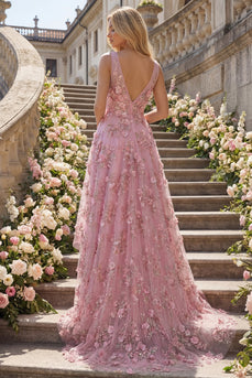 V-Ausschnitt Getafft Glitzernder Taro A Linie Hoch Niedrig Blumen Perlenstickerei Ballkleid
