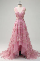 Laden Sie das Bild in den Galerie-Viewer, V-Ausschnitt Getafft Glitzernder Taro A Linie Hoch Niedrig Blumen Perlenstickerei Ballkleid