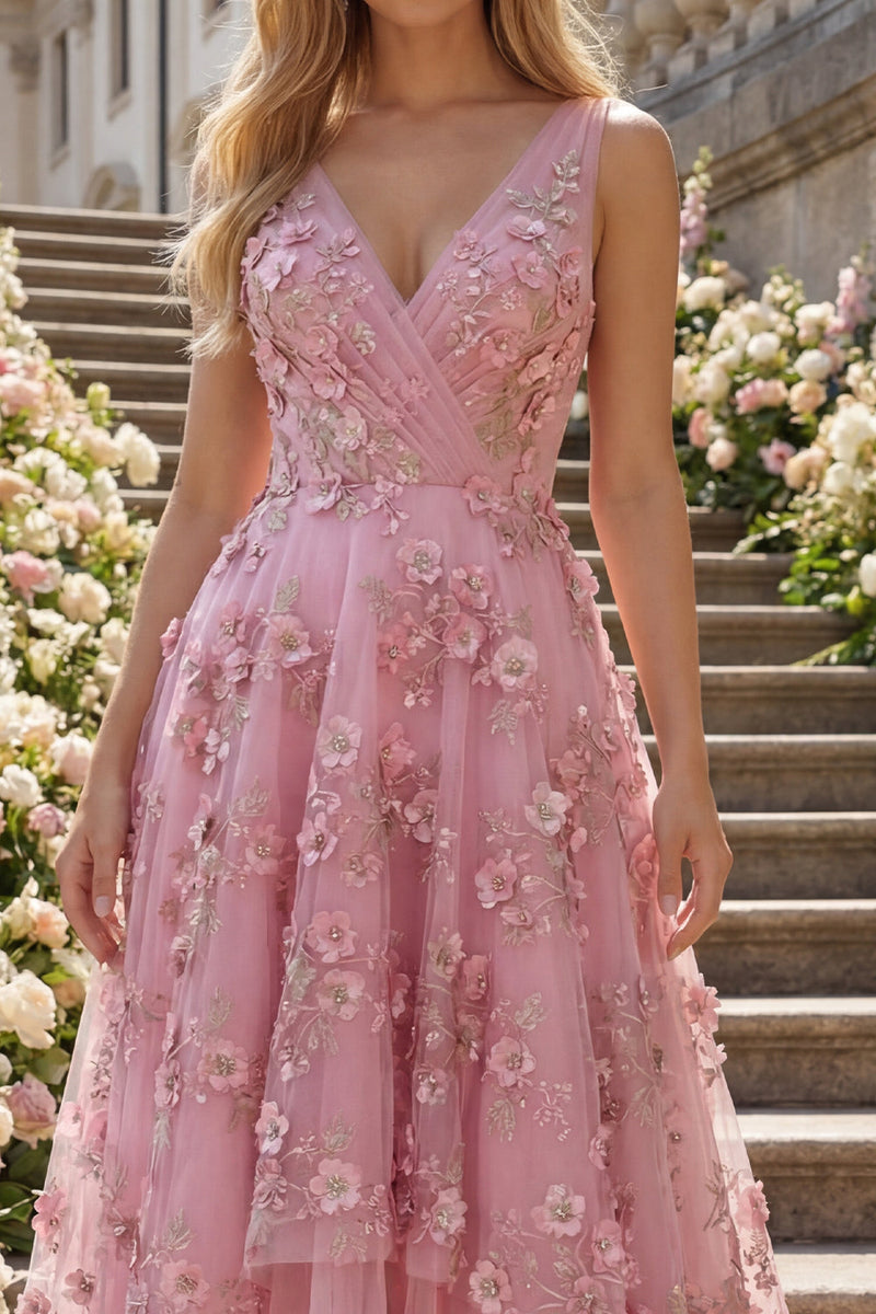 Laden Sie das Bild in den Galerie-Viewer, V-Ausschnitt Getafft Glitzernder Taro A Linie Hoch Niedrig Blumen Perlenstickerei Ballkleid