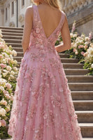 Laden Sie das Bild in den Galerie-Viewer, V-Ausschnitt Getafft Glitzernder Taro A Linie Hoch Niedrig Blumen Perlenstickerei Ballkleid