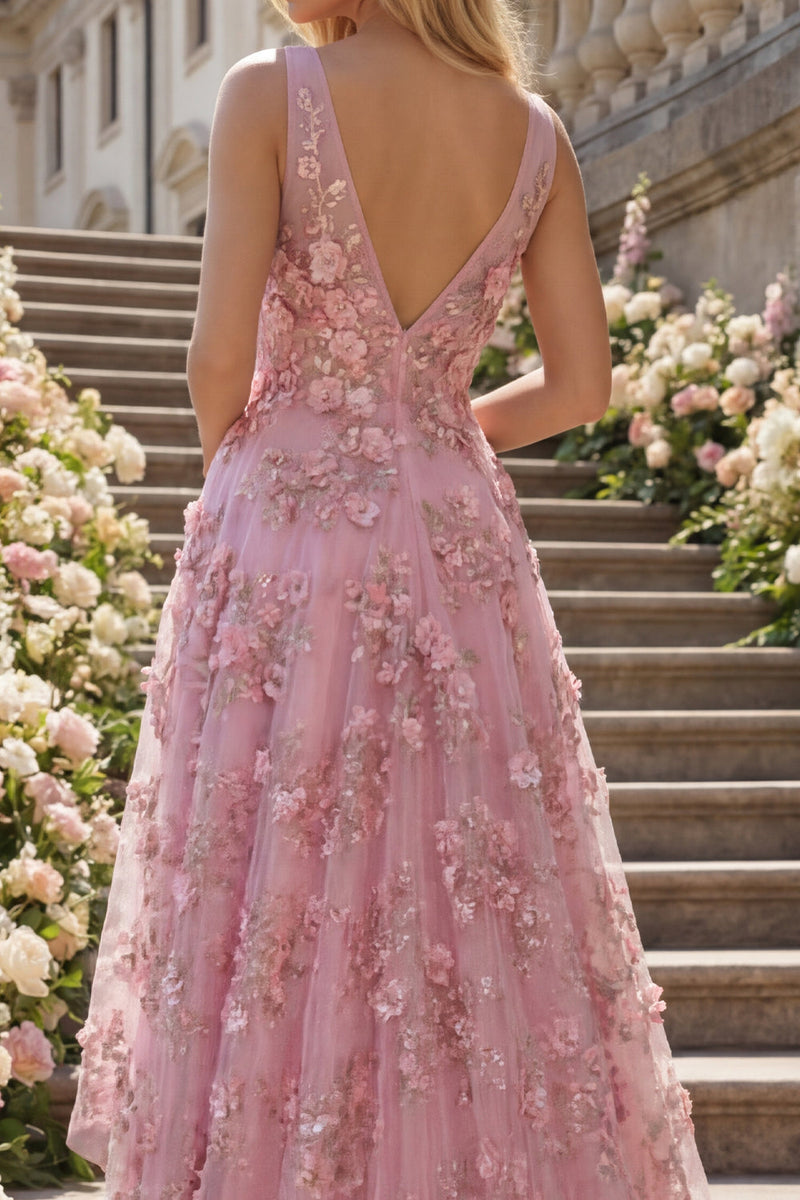 Laden Sie das Bild in den Galerie-Viewer, V-Ausschnitt Getafft Glitzernder Taro A Linie Hoch Niedrig Blumen Perlenstickerei Ballkleid