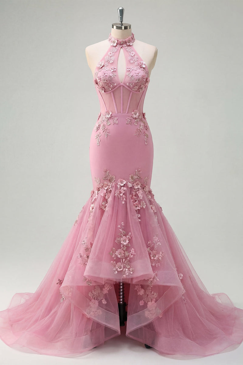 Laden Sie das Bild in den Galerie-Viewer, Meerjungfrau Korsett Schlüsselloch Glitzernder Taro Blumen Perlenstickerei Ballkleid mit Rüschen