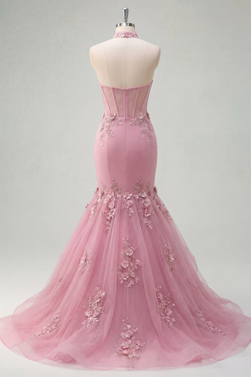 Laden Sie das Bild in den Galerie-Viewer, Meerjungfrau Korsett Schlüsselloch Glitzernder Taro Blumen Perlenstickerei Ballkleid mit Rüschen