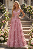 Laden Sie das Bild in den Galerie-Viewer, V-Ausschnitt Glitzernder Taro A Linie Blumen Perlenstickerei Ballkleid