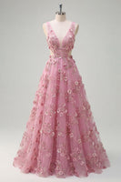 Laden Sie das Bild in den Galerie-Viewer, V-Ausschnitt Glitzernder Taro A Linie Blumen Perlenstickerei Ballkleid