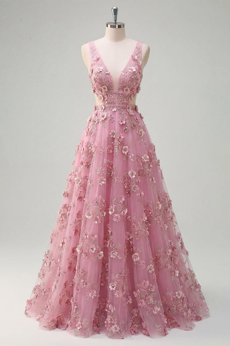 Laden Sie das Bild in den Galerie-Viewer, V-Ausschnitt Glitzernder Taro A Linie Blumen Perlenstickerei Ballkleid