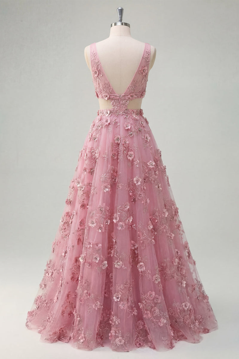 Laden Sie das Bild in den Galerie-Viewer, V-Ausschnitt Glitzernder Taro A Linie Blumen Perlenstickerei Ballkleid
