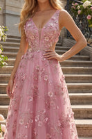 Laden Sie das Bild in den Galerie-Viewer, V-Ausschnitt Glitzernder Taro A Linie Blumen Perlenstickerei Ballkleid