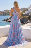 Laden Sie das Bild in den Galerie-Viewer, Ein Schulter Gerafft Blau Lang A Linie Blumen Ballkleid mit Schlitz