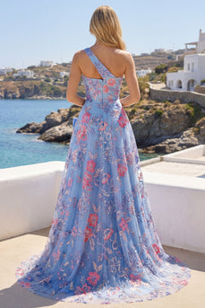 Ein Schulter Gerafft Blau Lang A Linie Blumen Ballkleid mit Schlitz