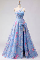 Laden Sie das Bild in den Galerie-Viewer, Ein Schulter Gerafft Blau Lang A Linie Blumen Ballkleid mit Schlitz