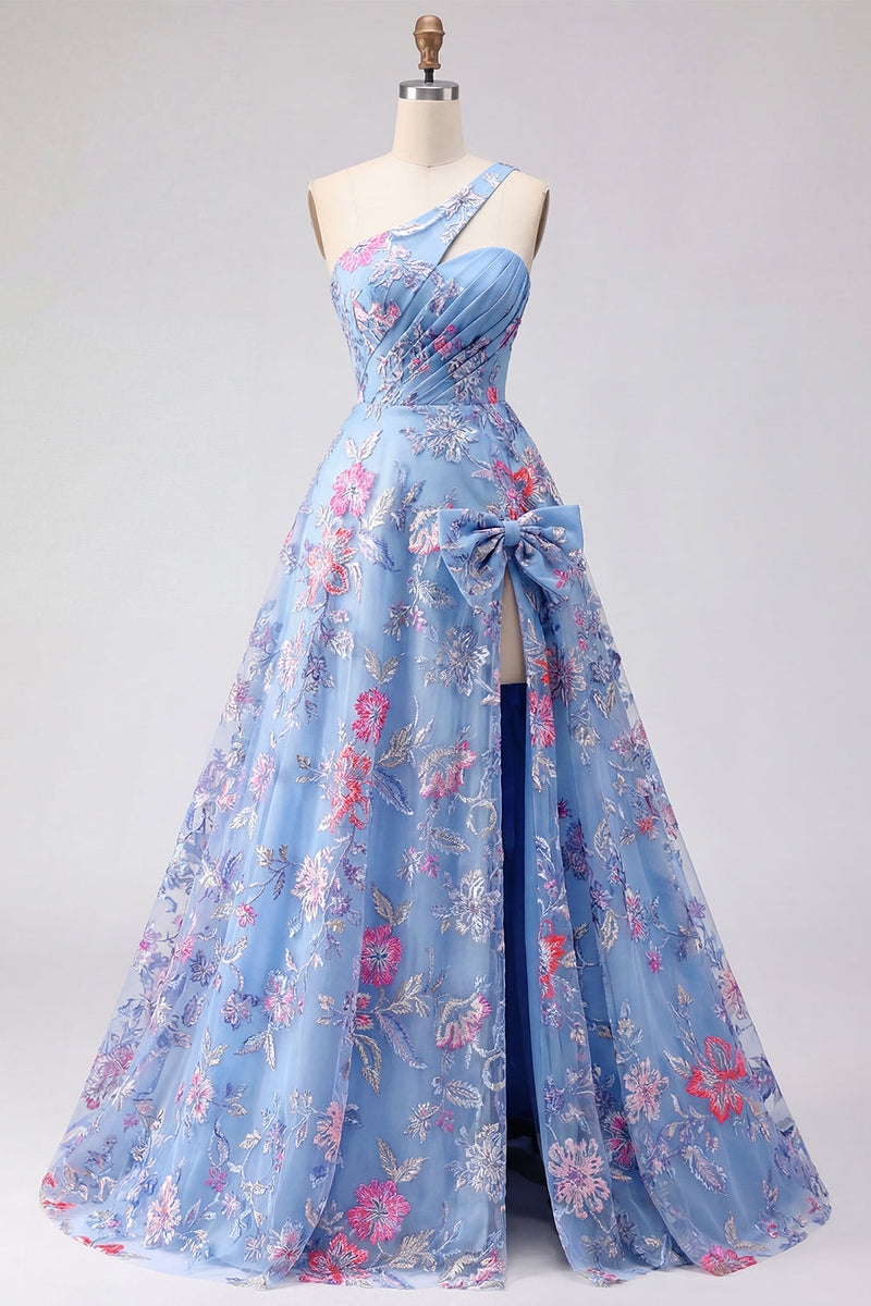 Laden Sie das Bild in den Galerie-Viewer, Ein Schulter Gerafft Blau Lang A Linie Blumen Ballkleid mit Schlitz