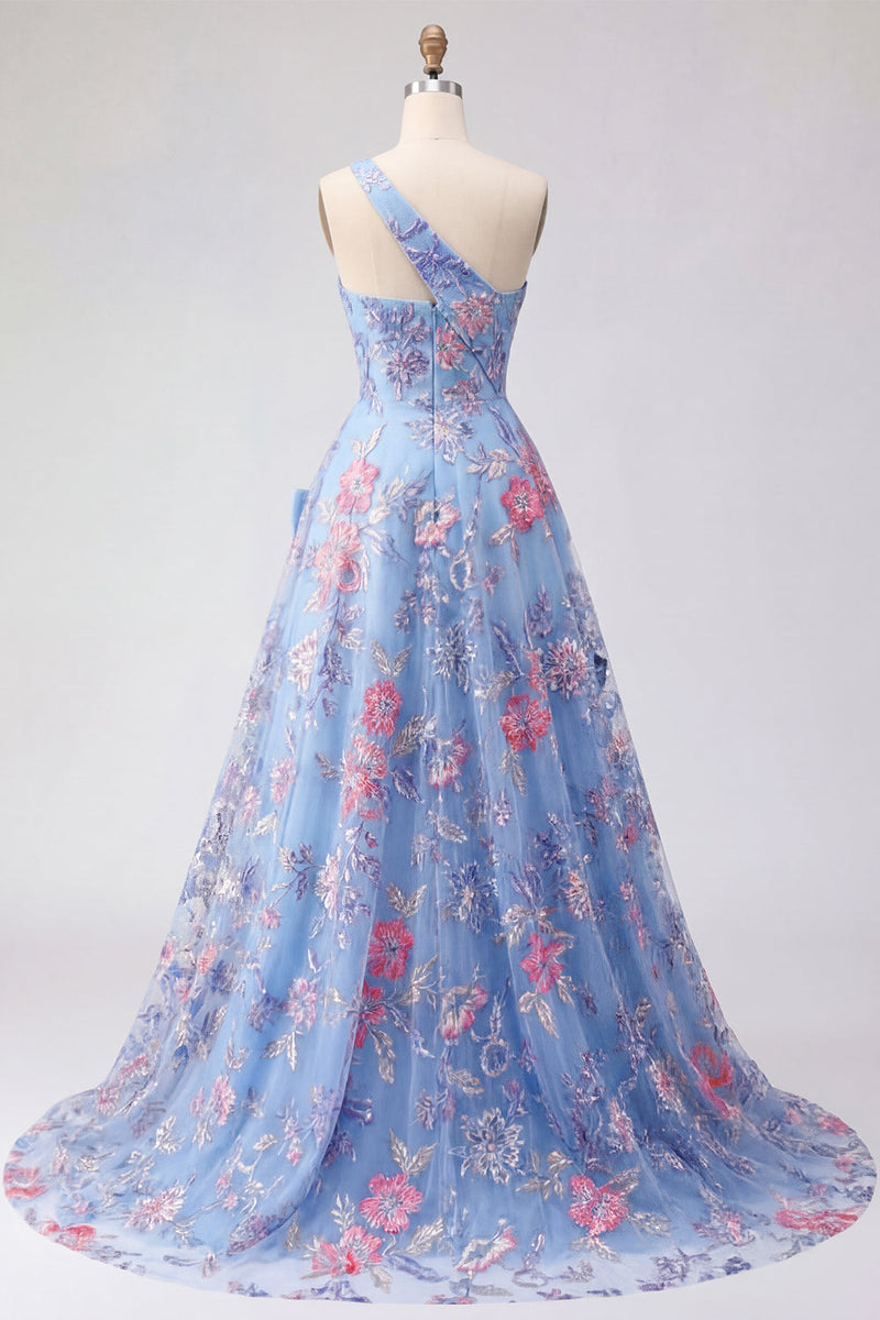 Laden Sie das Bild in den Galerie-Viewer, Ein Schulter Gerafft Blau Lang A Linie Blumen Ballkleid mit Schlitz