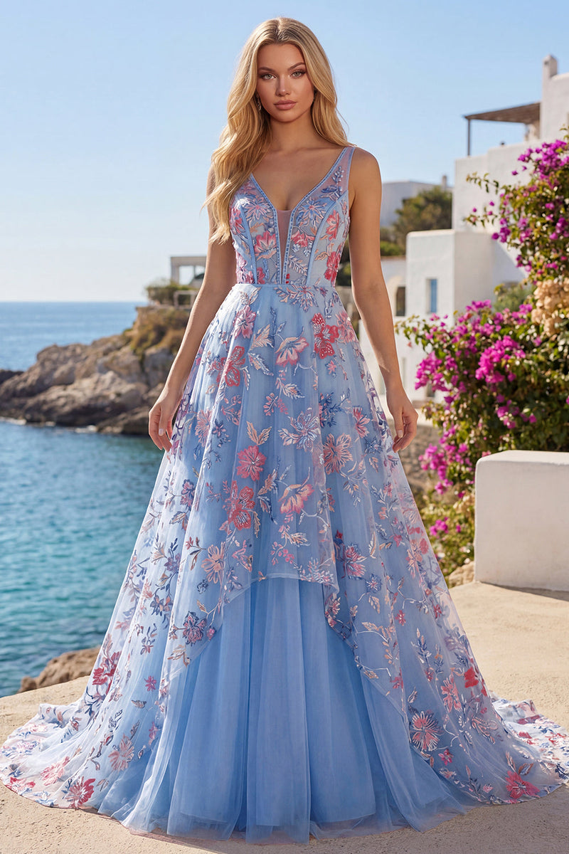 Laden Sie das Bild in den Galerie-Viewer, Korsett V-Ausschnitt Blau Lang A Linie Blumen Ballkleid