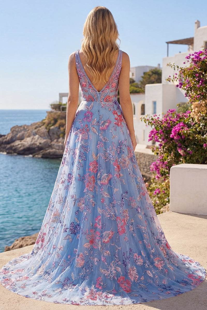 Laden Sie das Bild in den Galerie-Viewer, Korsett V-Ausschnitt Blau Lang A Linie Blumen Ballkleid