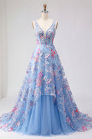 Laden Sie das Bild in den Galerie-Viewer, Korsett V-Ausschnitt Blau Lang A Linie Blumen Ballkleid