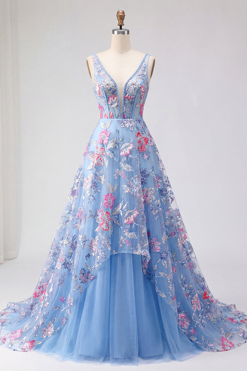 Laden Sie das Bild in den Galerie-Viewer, Korsett V-Ausschnitt Blau Lang A Linie Blumen Ballkleid