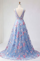 Laden Sie das Bild in den Galerie-Viewer, Korsett V-Ausschnitt Blau Lang A Linie Blumen Ballkleid