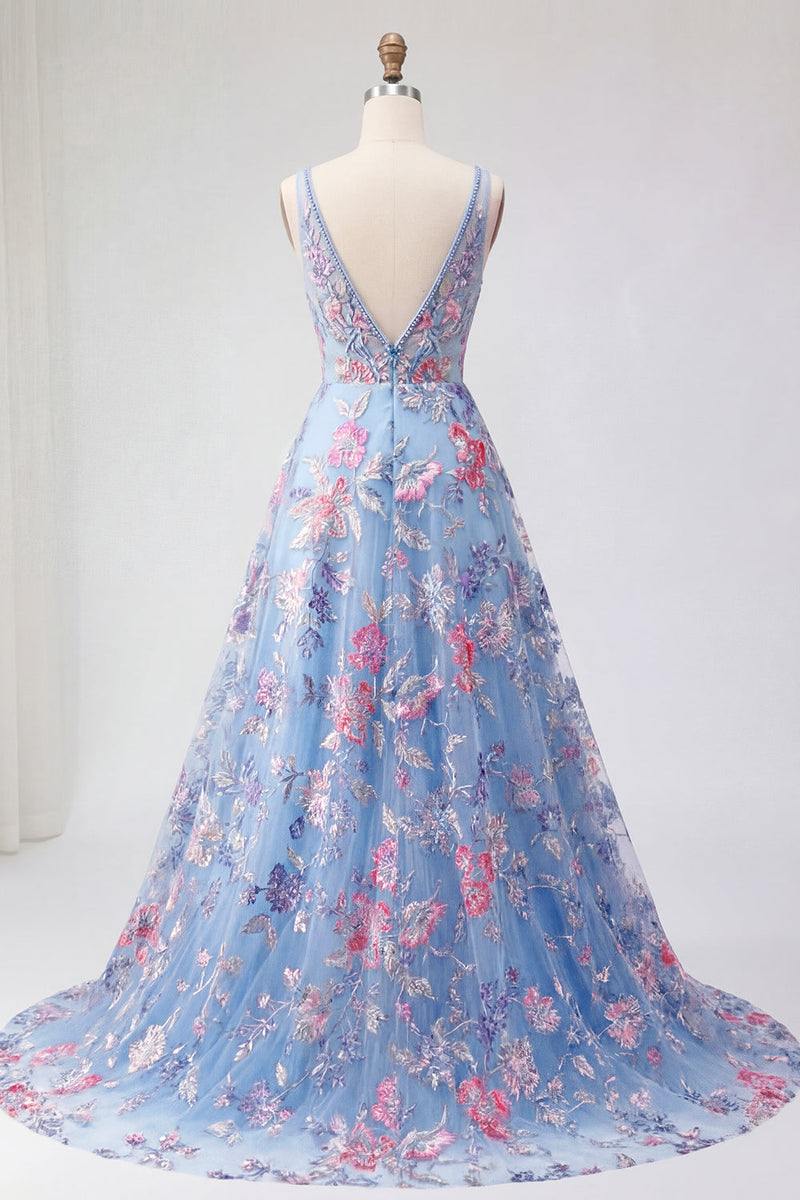 Laden Sie das Bild in den Galerie-Viewer, Korsett V-Ausschnitt Blau Lang A Linie Blumen Ballkleid
