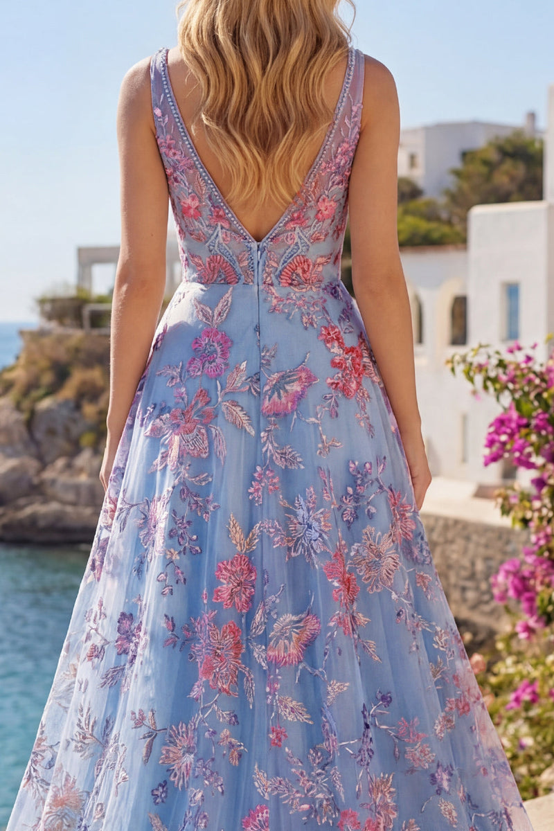 Laden Sie das Bild in den Galerie-Viewer, Korsett V-Ausschnitt Blau Lang A Linie Blumen Ballkleid