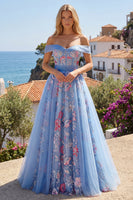 Laden Sie das Bild in den Galerie-Viewer, A Linie Blumen Korsett Blau Lang Schulterfrei Ballkleid